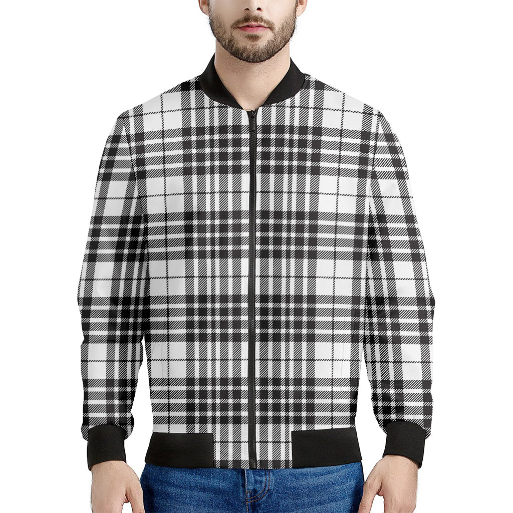 White And Black Border Tartan Print Men's Bomber Jacket