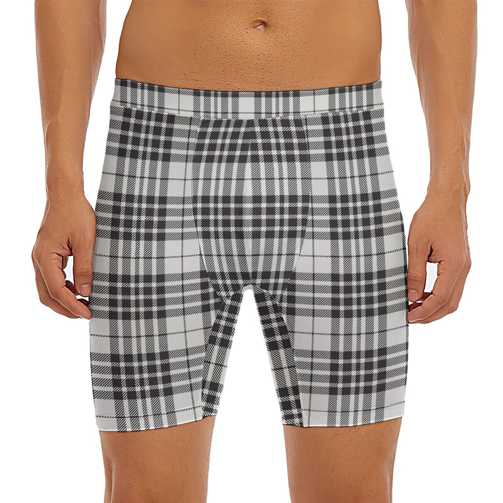 White And Black Border Tartan Print Men's Long Boxer Briefs