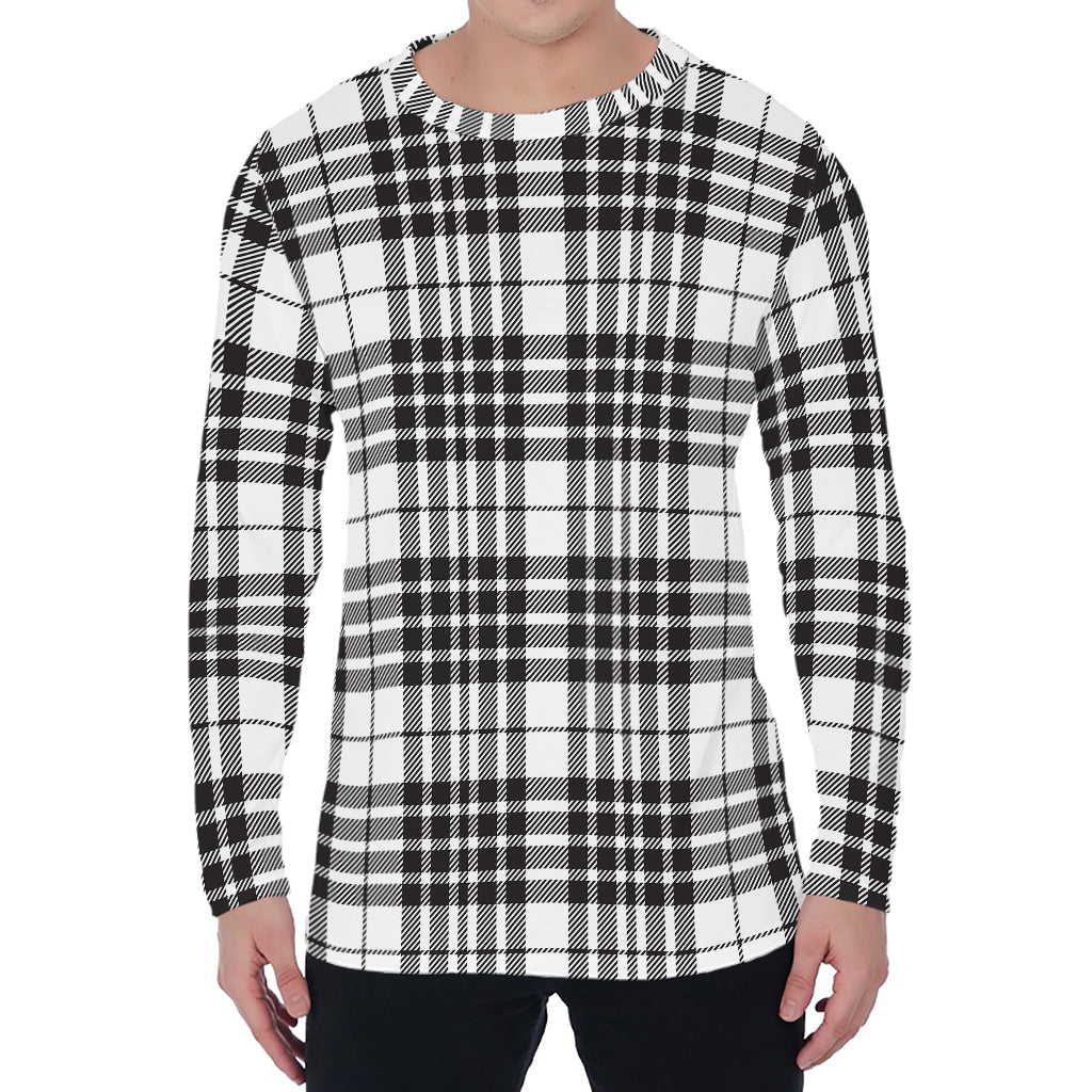 White And Black Border Tartan Print Men's Long Sleeve T-Shirt