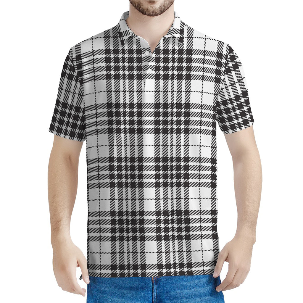 White And Black Border Tartan Print Men's Polo Shirt