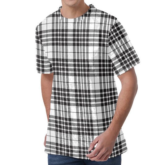 White And Black Border Tartan Print Men's Velvet T-Shirt