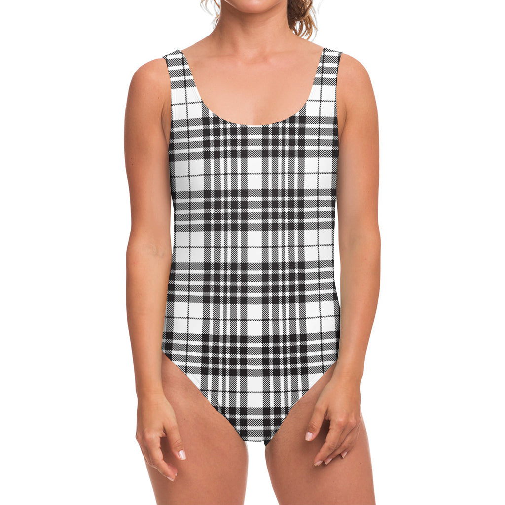 White And Black Border Tartan Print One Piece Swimsuit