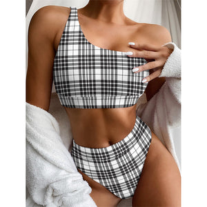 White And Black Border Tartan Print One Shoulder Bikini Top