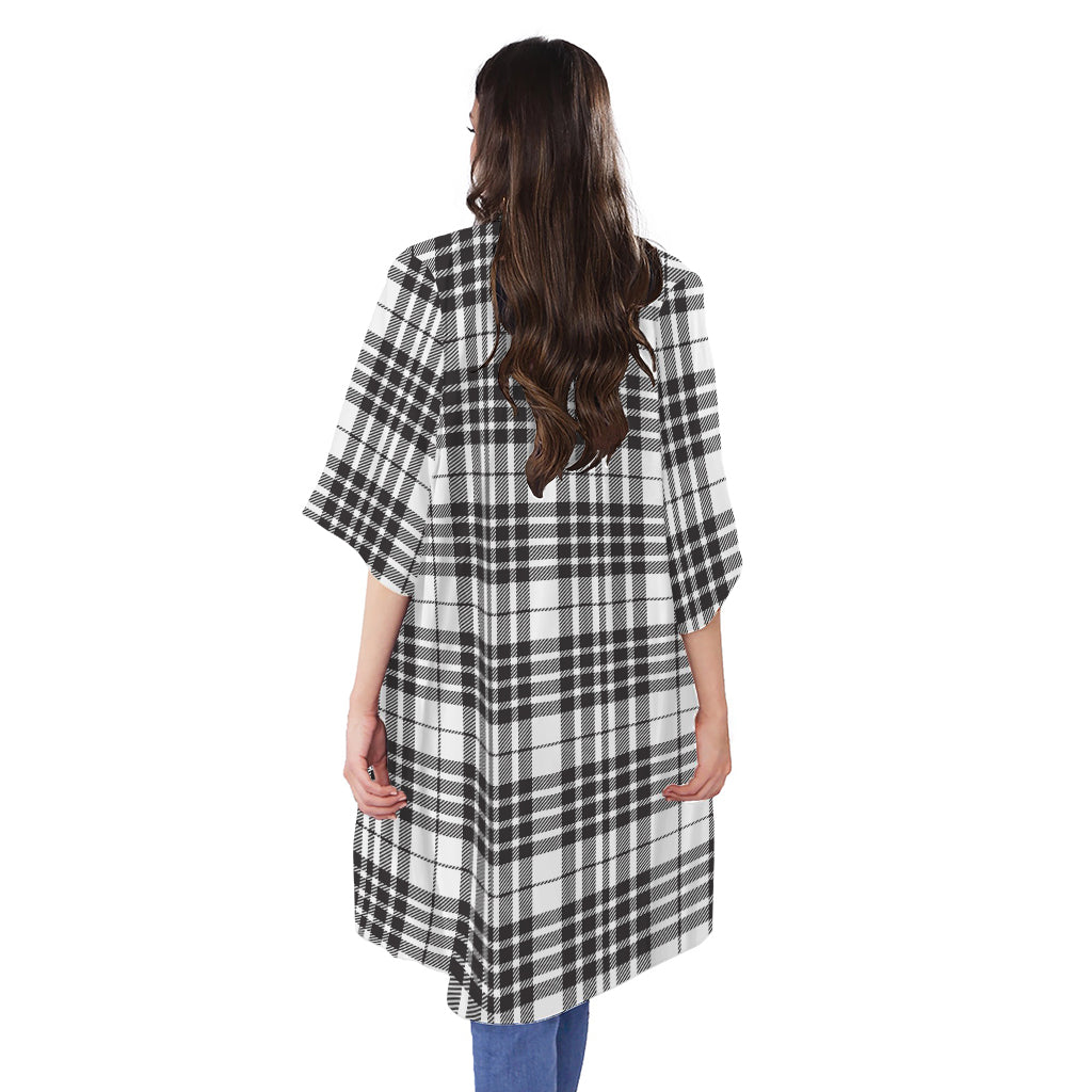 White And Black Border Tartan Print Open Front Beach Cover Up