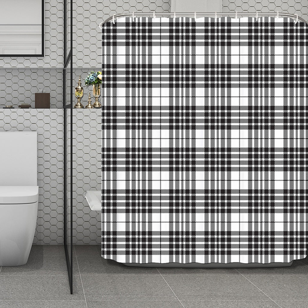 White And Black Border Tartan Print Polyester Shower Curtain
