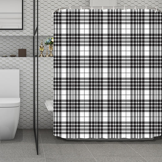 White And Black Border Tartan Print Polyester Shower Curtain