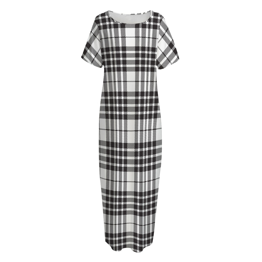 White And Black Border Tartan Print Short Sleeve Long Nightdress