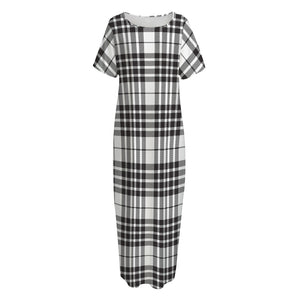 White And Black Border Tartan Print Short Sleeve Long Nightdress