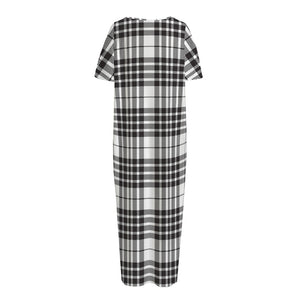 White And Black Border Tartan Print Short Sleeve Long Nightdress