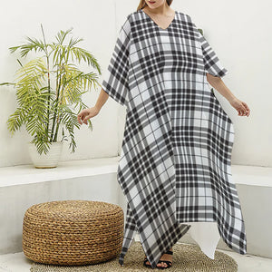 White And Black Border Tartan Print Silk V-Neck Kaftan Dress