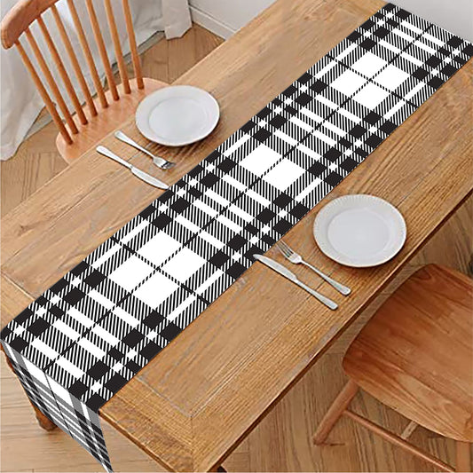 White And Black Border Tartan Print Table Runner