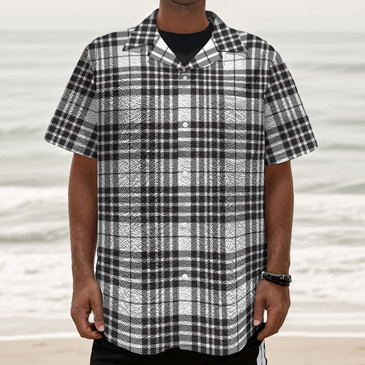 White And Black Border Tartan Print Textured Short Sleeve Shirt