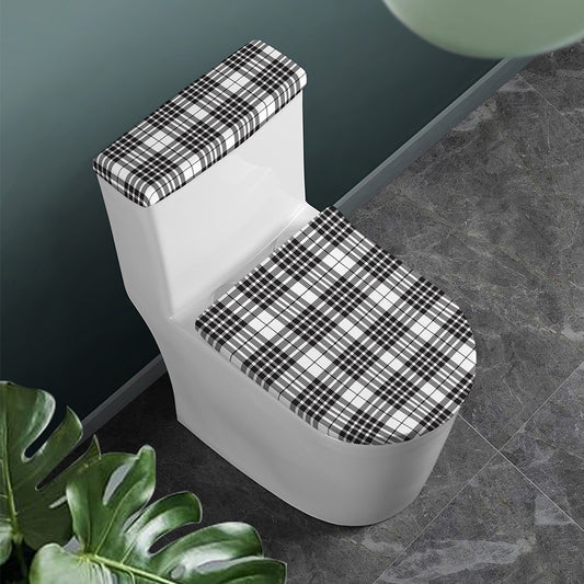 White And Black Border Tartan Print Toilet Lid And Tank Cover Set