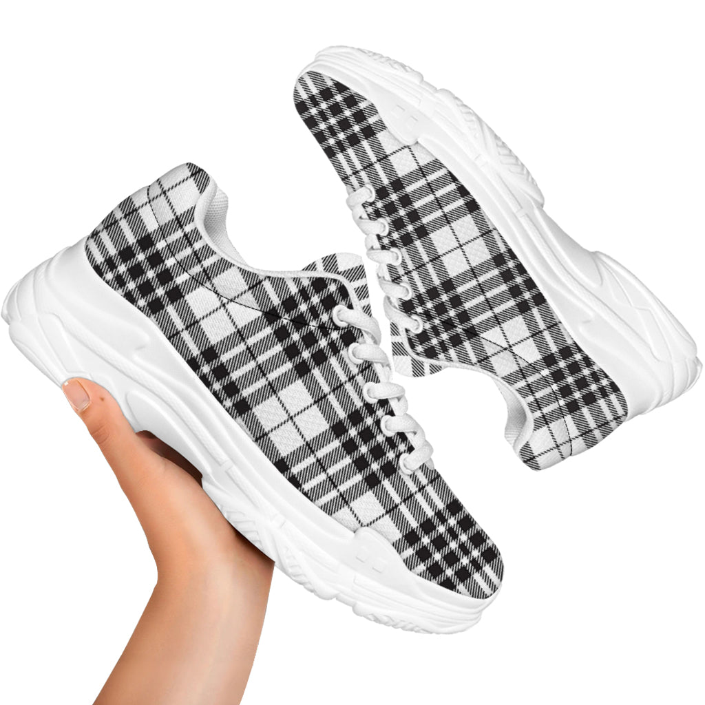 White And Black Border Tartan Print White Chunky Shoes