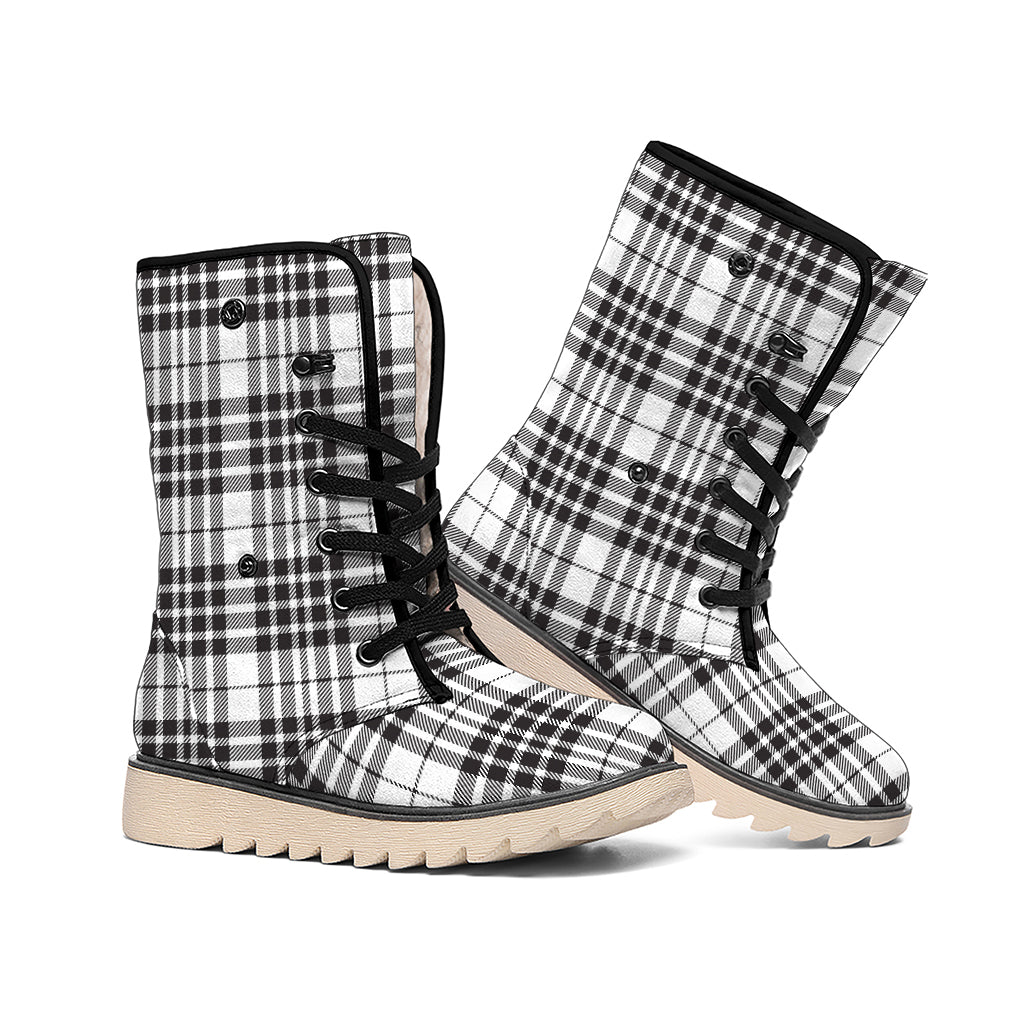 White And Black Border Tartan Print Winter Boots