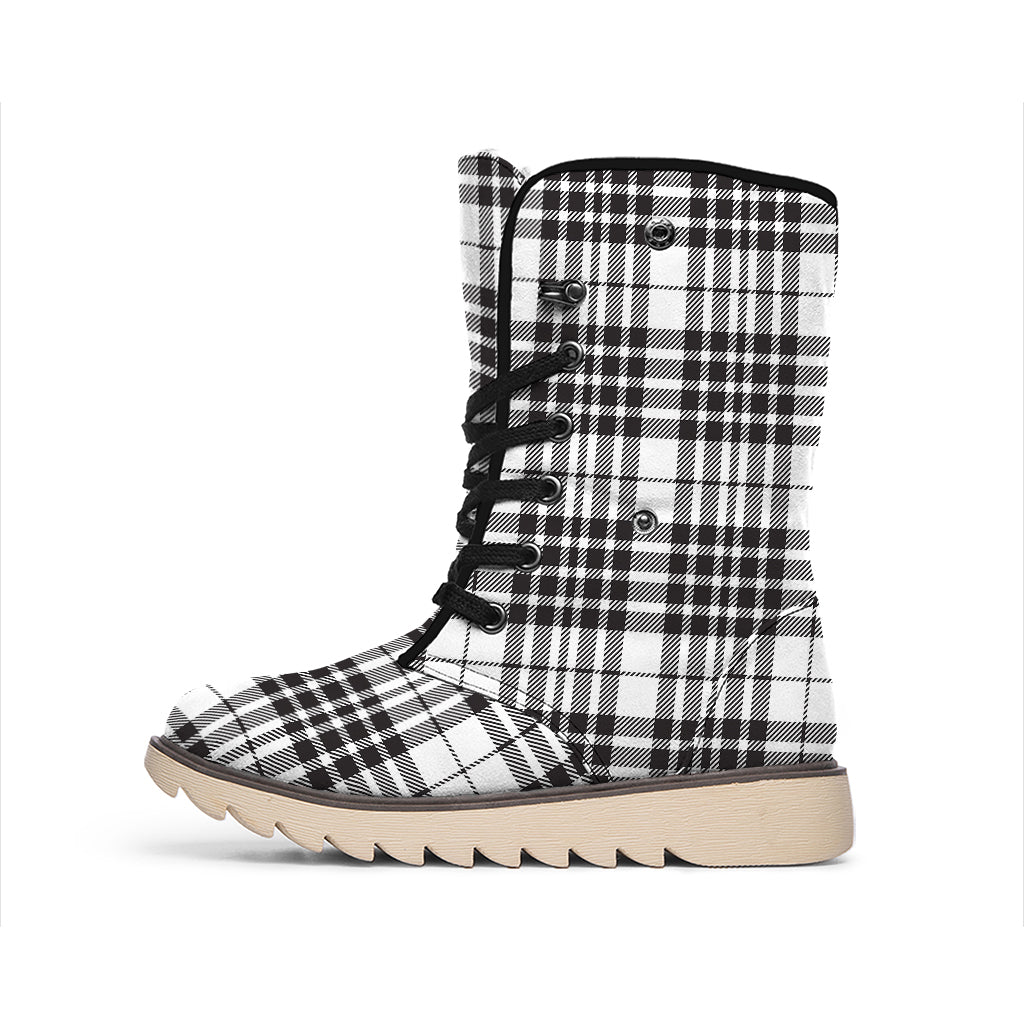 White And Black Border Tartan Print Winter Boots