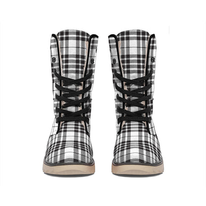 White And Black Border Tartan Print Winter Boots