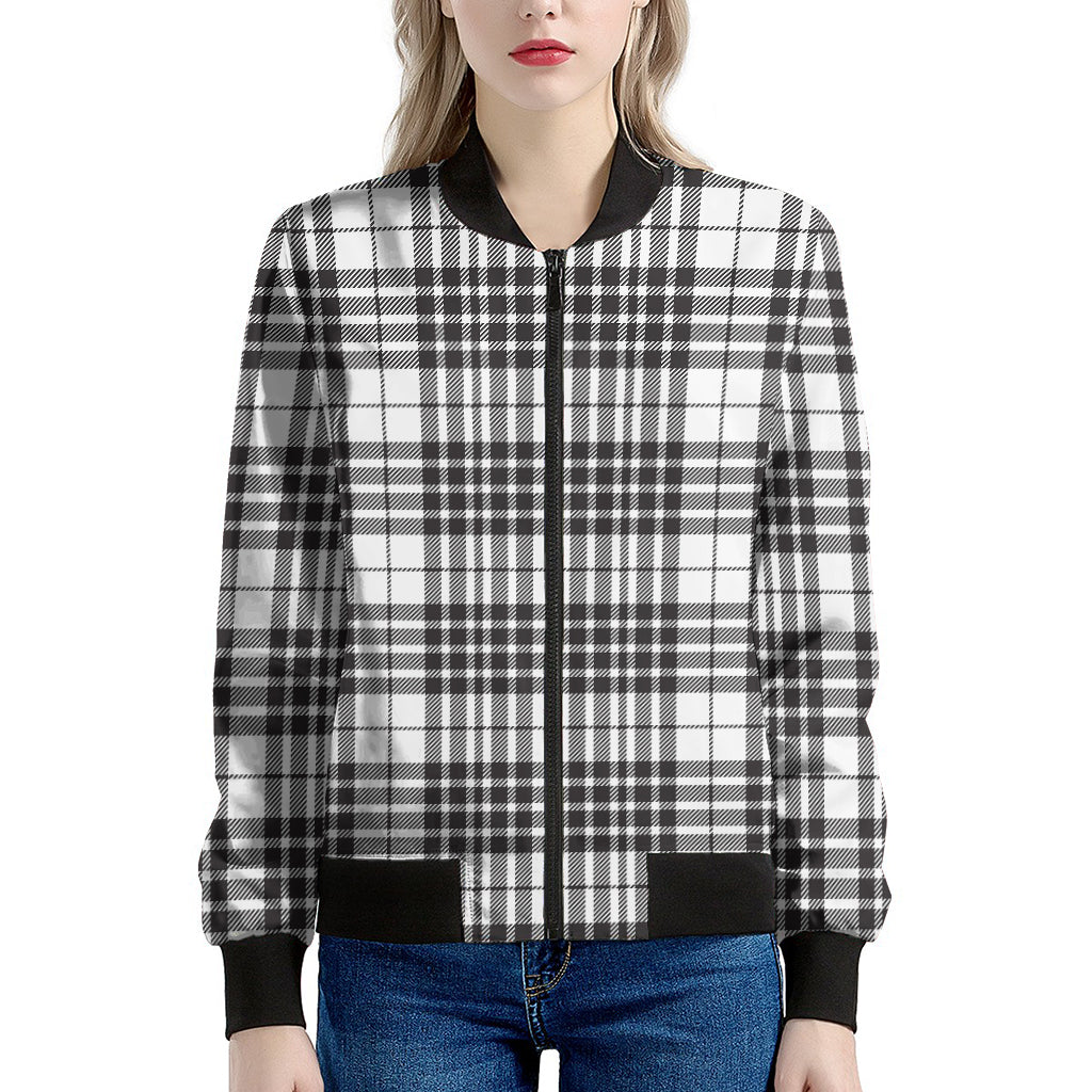 White And Black Border Tartan Print Women's Bomber Jacket