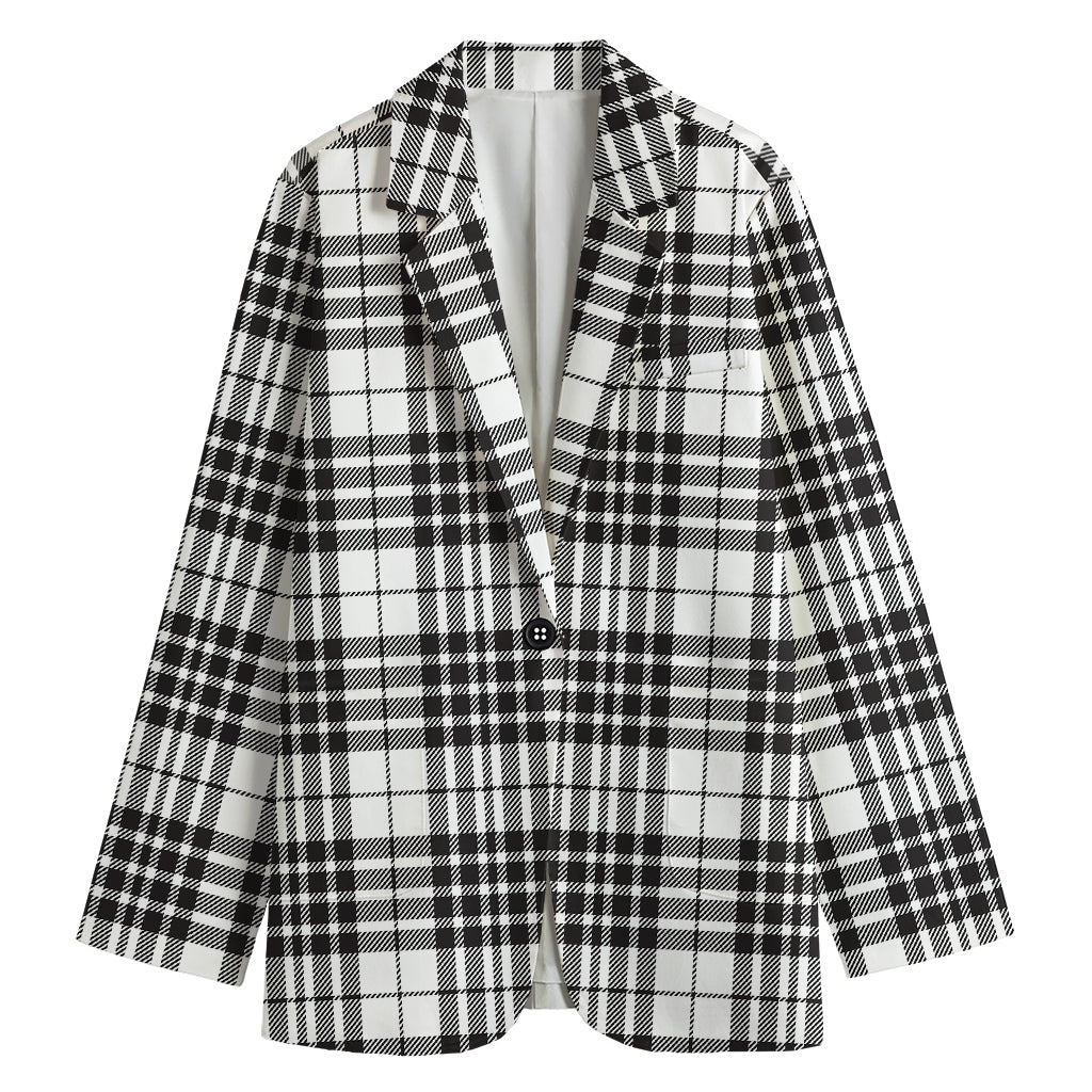 White And Black Border Tartan Print Women's Cotton Blazer