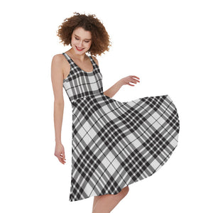 White And Black Border Tartan Print Women's Sleeveless Dress