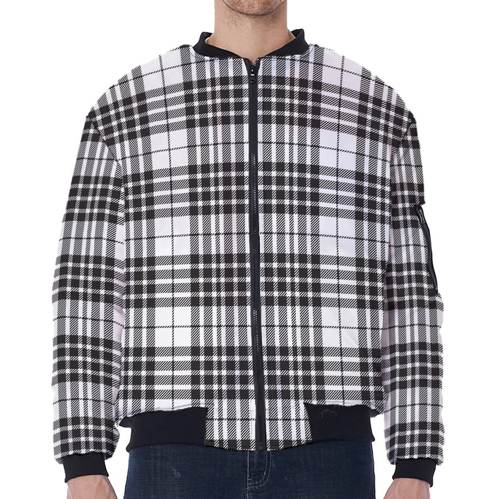 White And Black Border Tartan Print Zip Sleeve Bomber Jacket