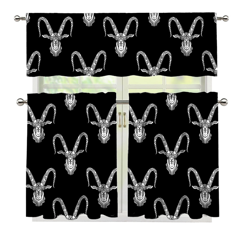 White And Black Capricorn Sign Print 3 Piece Kitchen Curtains