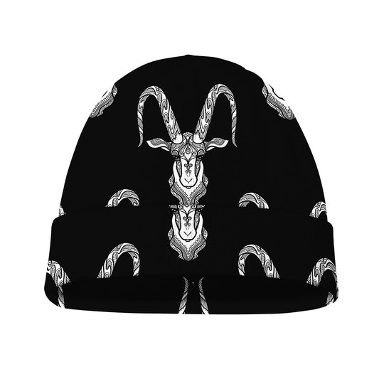 White And Black Capricorn Sign Print Beanie