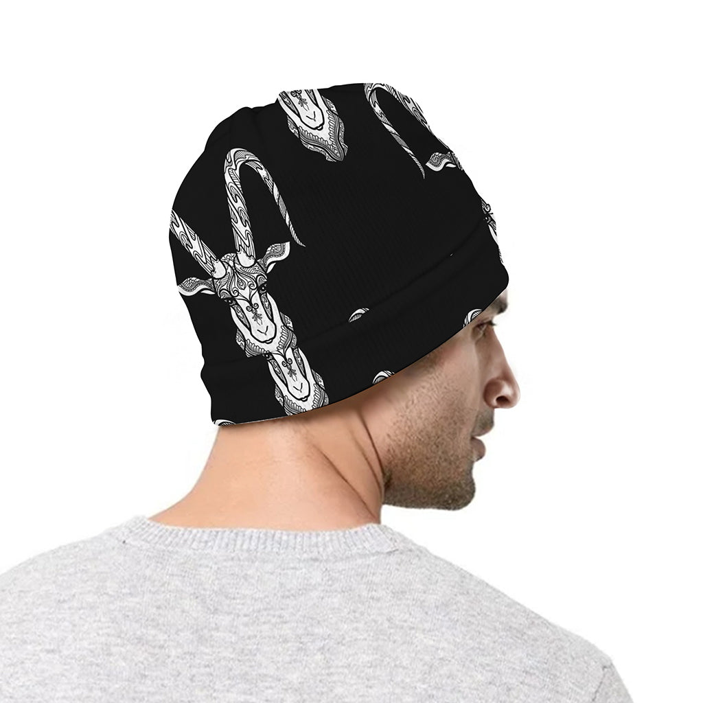 White And Black Capricorn Sign Print Beanie