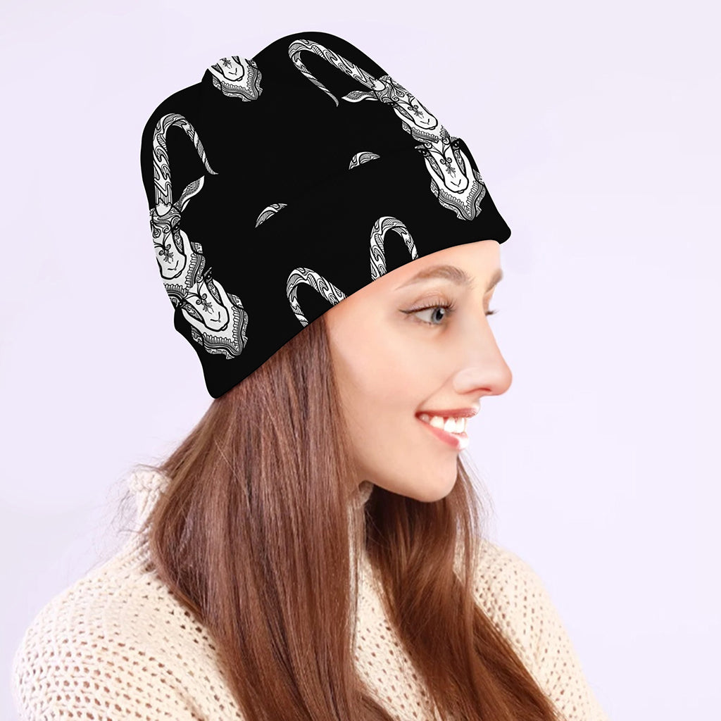 White And Black Capricorn Sign Print Beanie