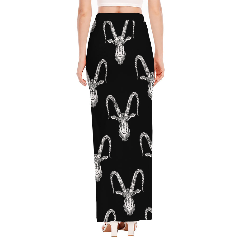 White And Black Capricorn Sign Print High Slit Maxi Skirt