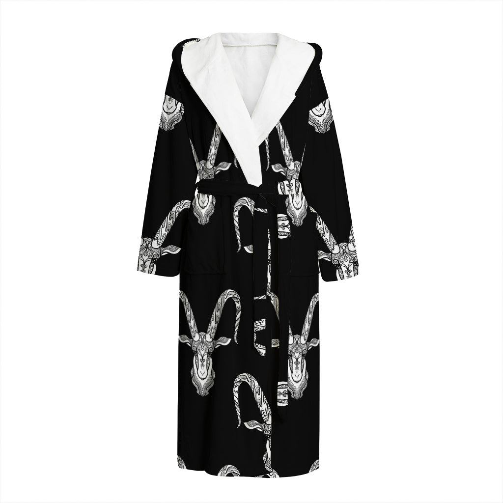 White And Black Capricorn Sign Print Hooded Bathrobe