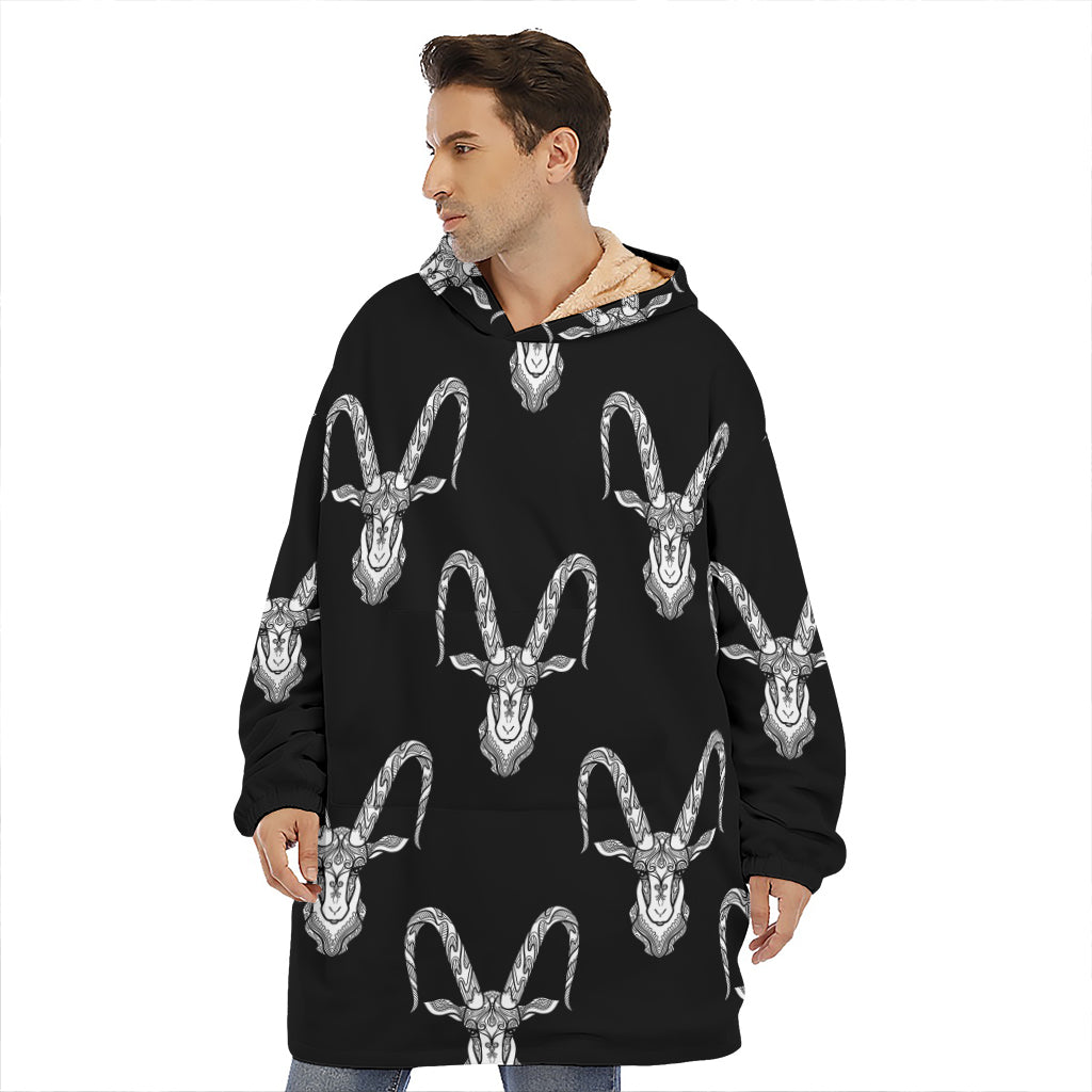 White And Black Capricorn Sign Print Hoodie Blanket