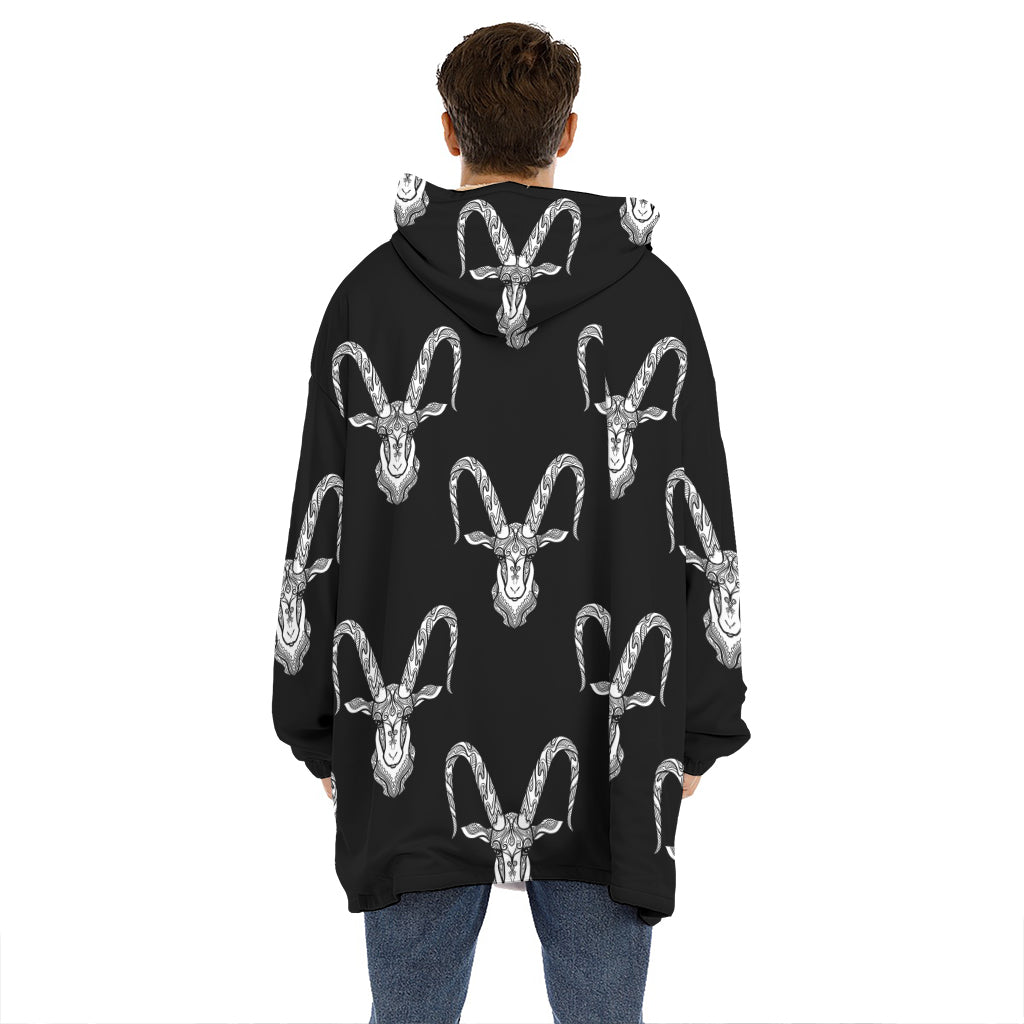 White And Black Capricorn Sign Print Hoodie Blanket