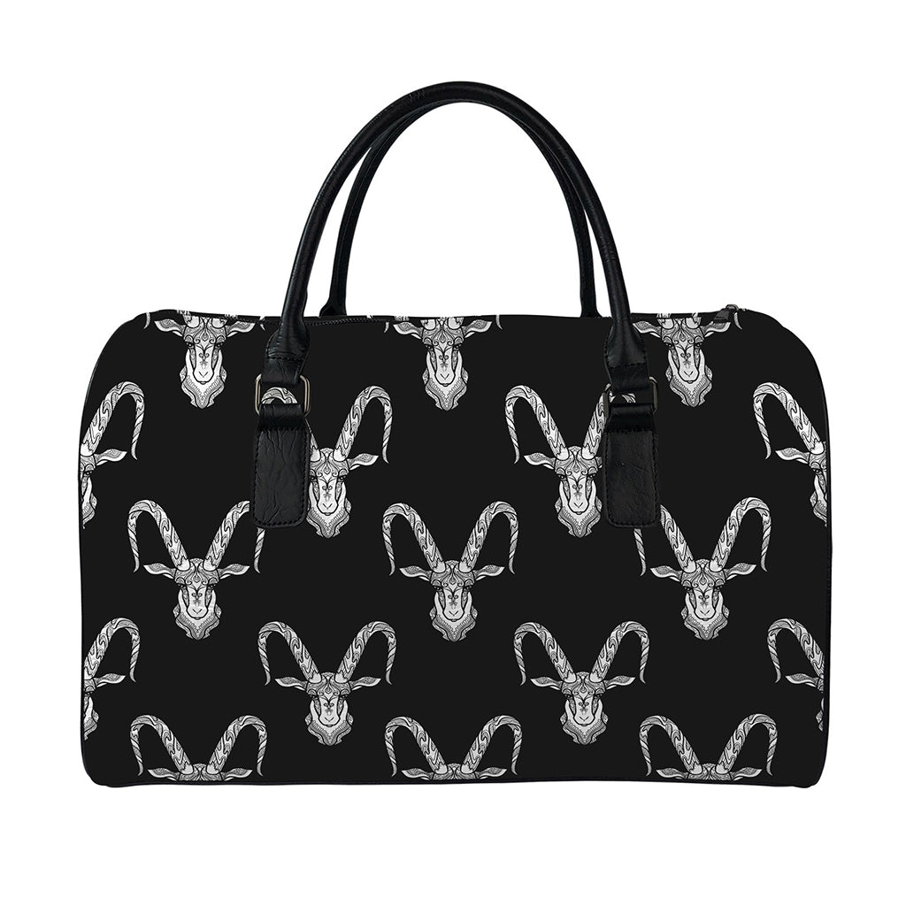 White And Black Capricorn Sign Print Leather Duffle Bag