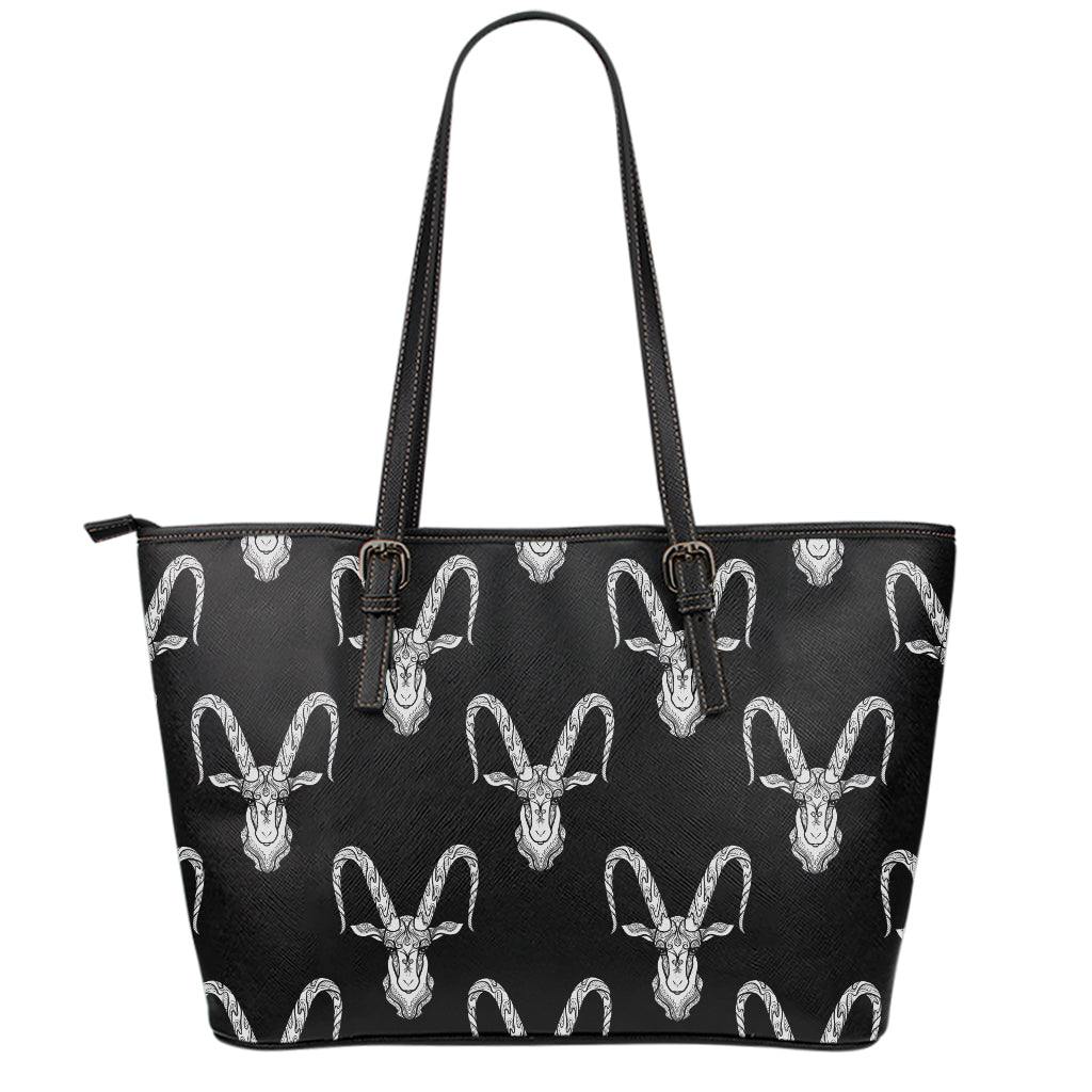 White And Black Capricorn Sign Print Leather Tote Bag