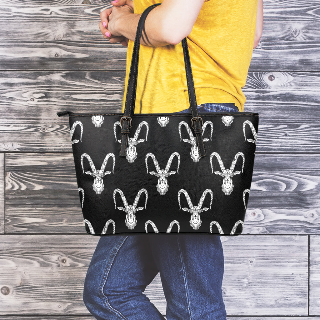 White And Black Capricorn Sign Print Leather Tote Bag