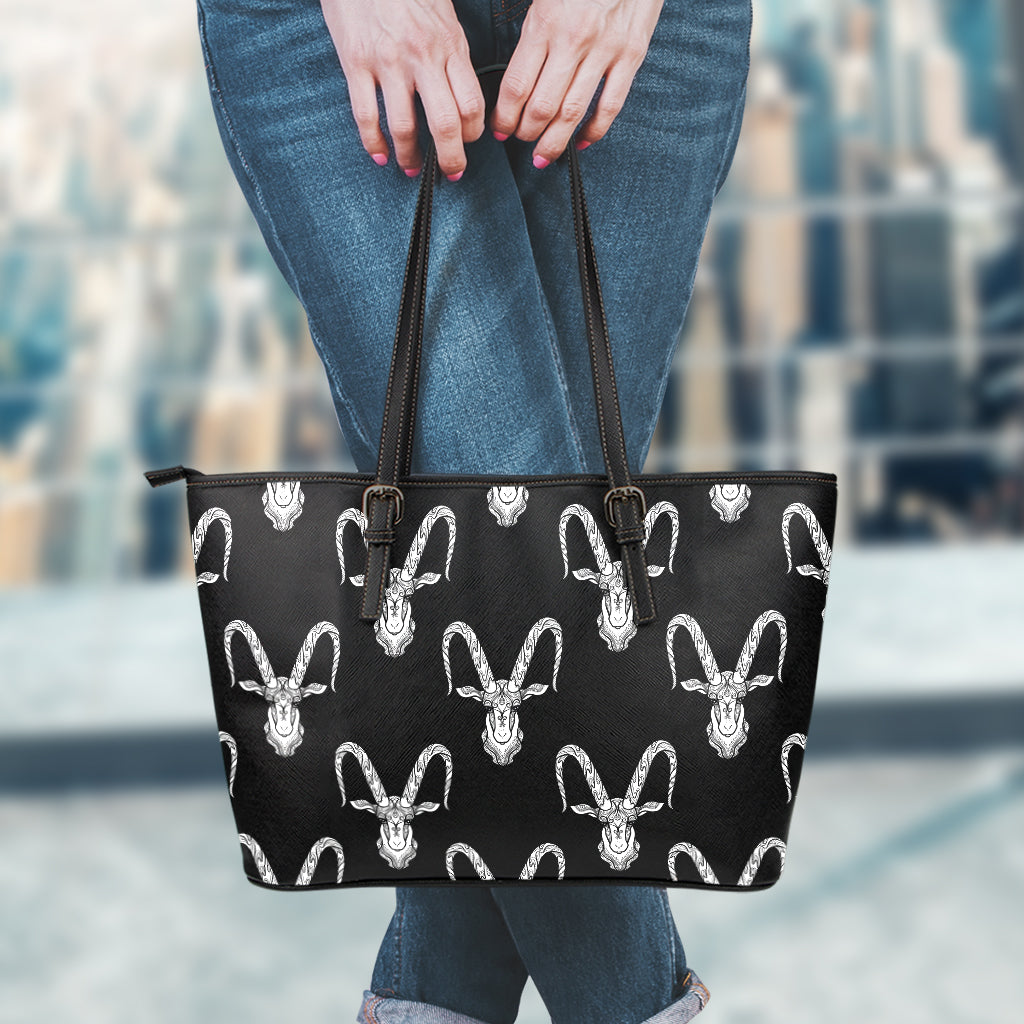 White And Black Capricorn Sign Print Leather Tote Bag