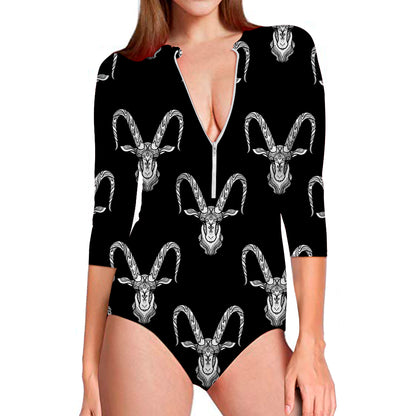 White And Black Capricorn Sign Print Long Sleeve Swimsuit
