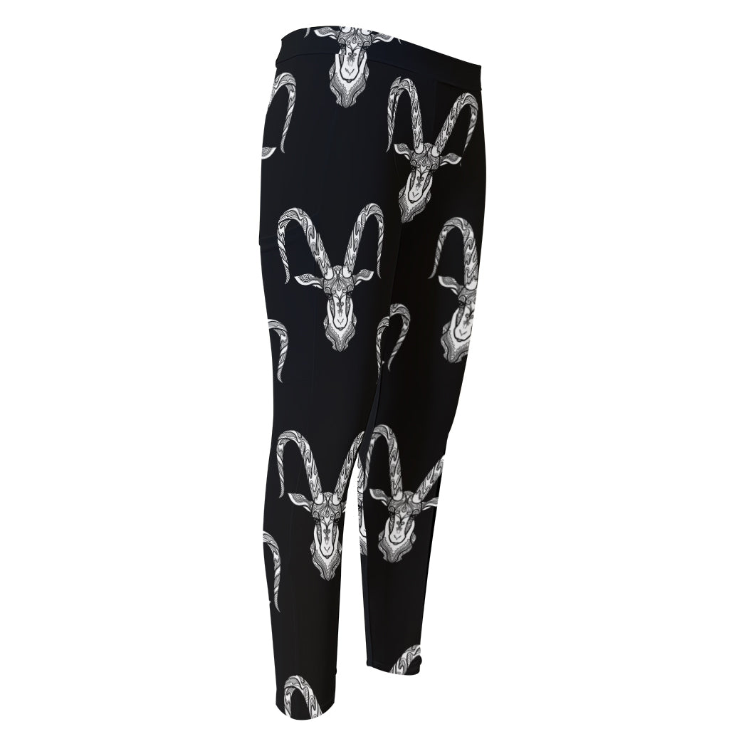 White And Black Capricorn Sign Print Men's Compression Pants