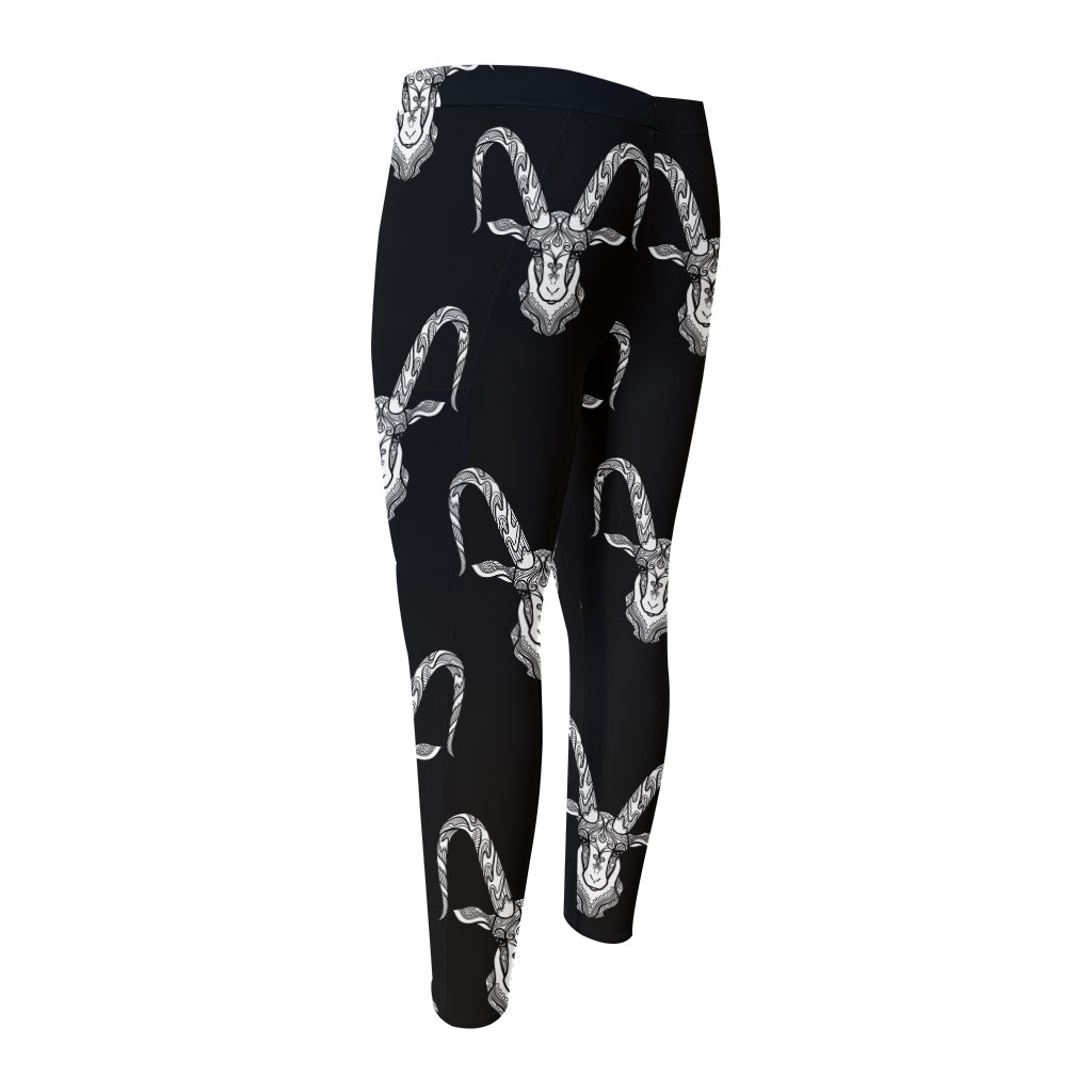 White And Black Capricorn Sign Print Men's Compression Pants