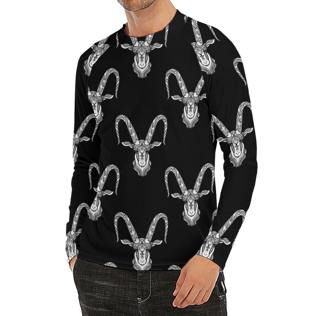 White And Black Capricorn Sign Print Men's Long Sleeve Rash Guard