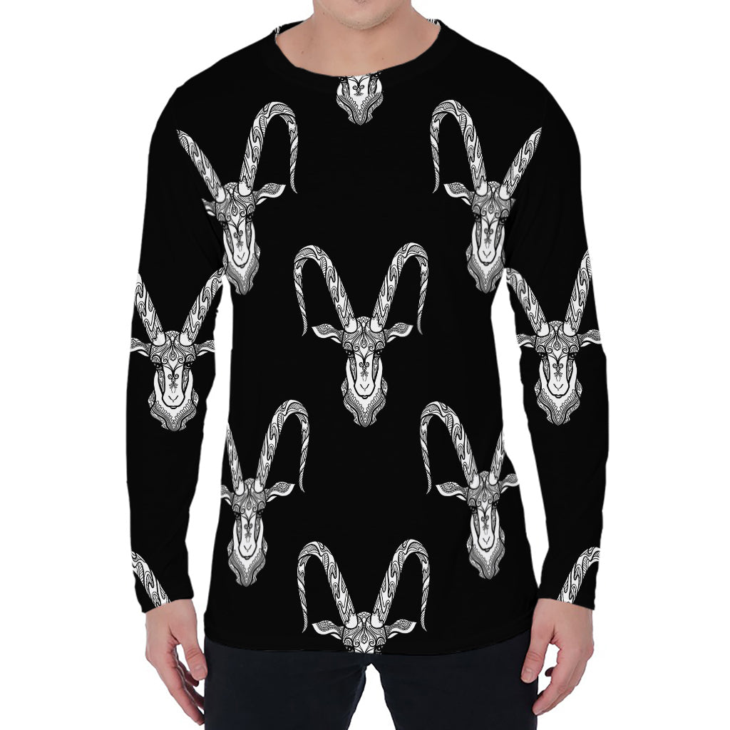 White And Black Capricorn Sign Print Men's Long Sleeve T-Shirt