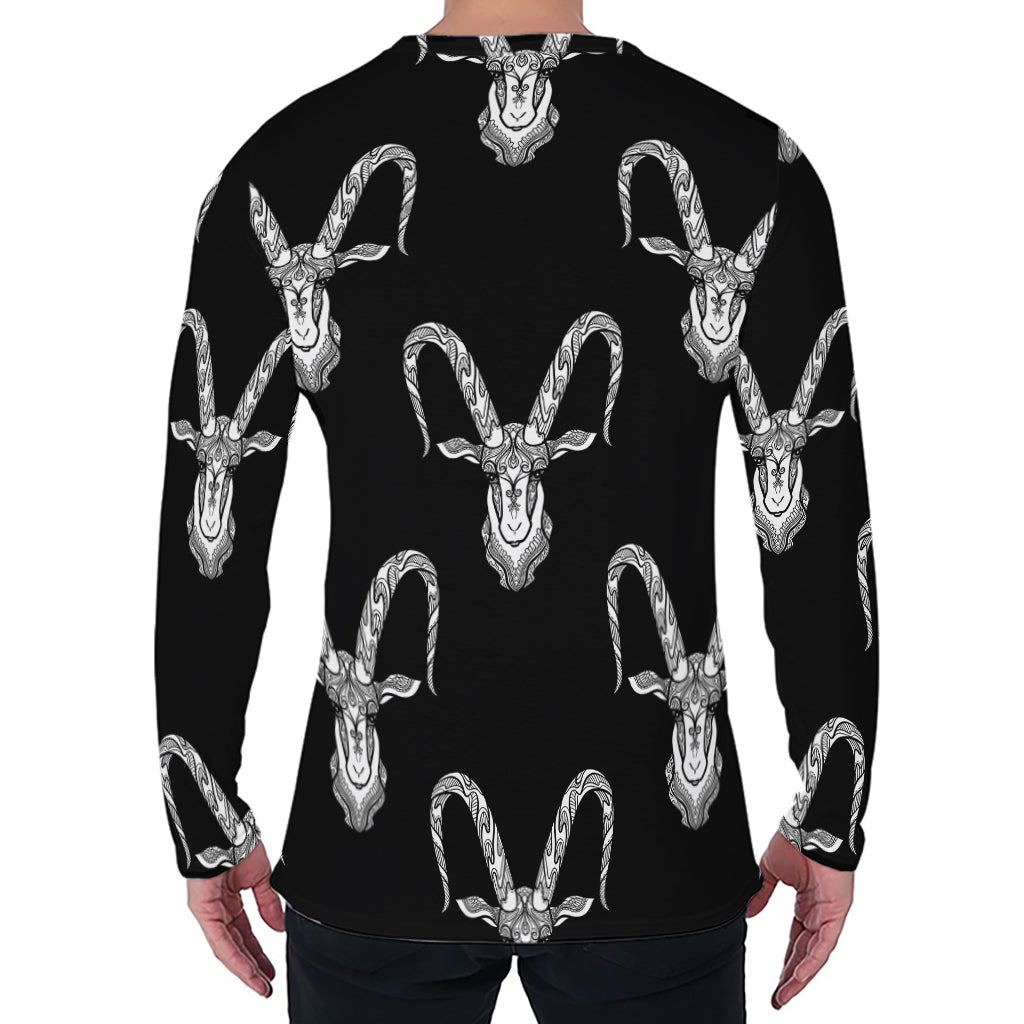 White And Black Capricorn Sign Print Men's Long Sleeve T-Shirt