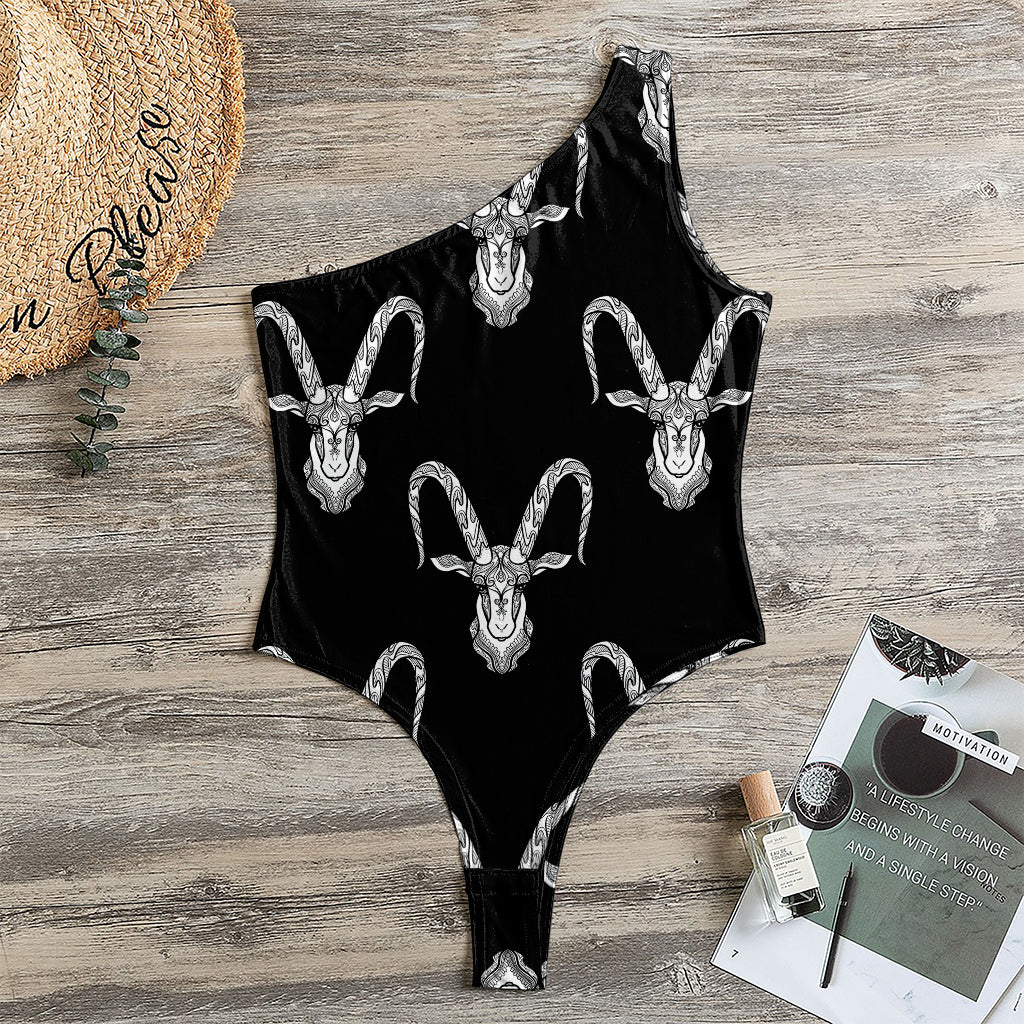 White And Black Capricorn Sign Print One Shoulder Bodysuit