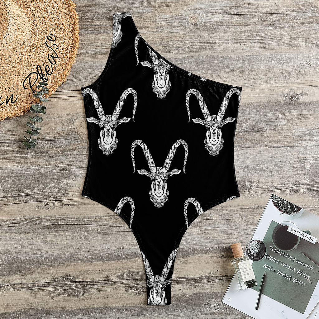 White And Black Capricorn Sign Print One Shoulder Bodysuit