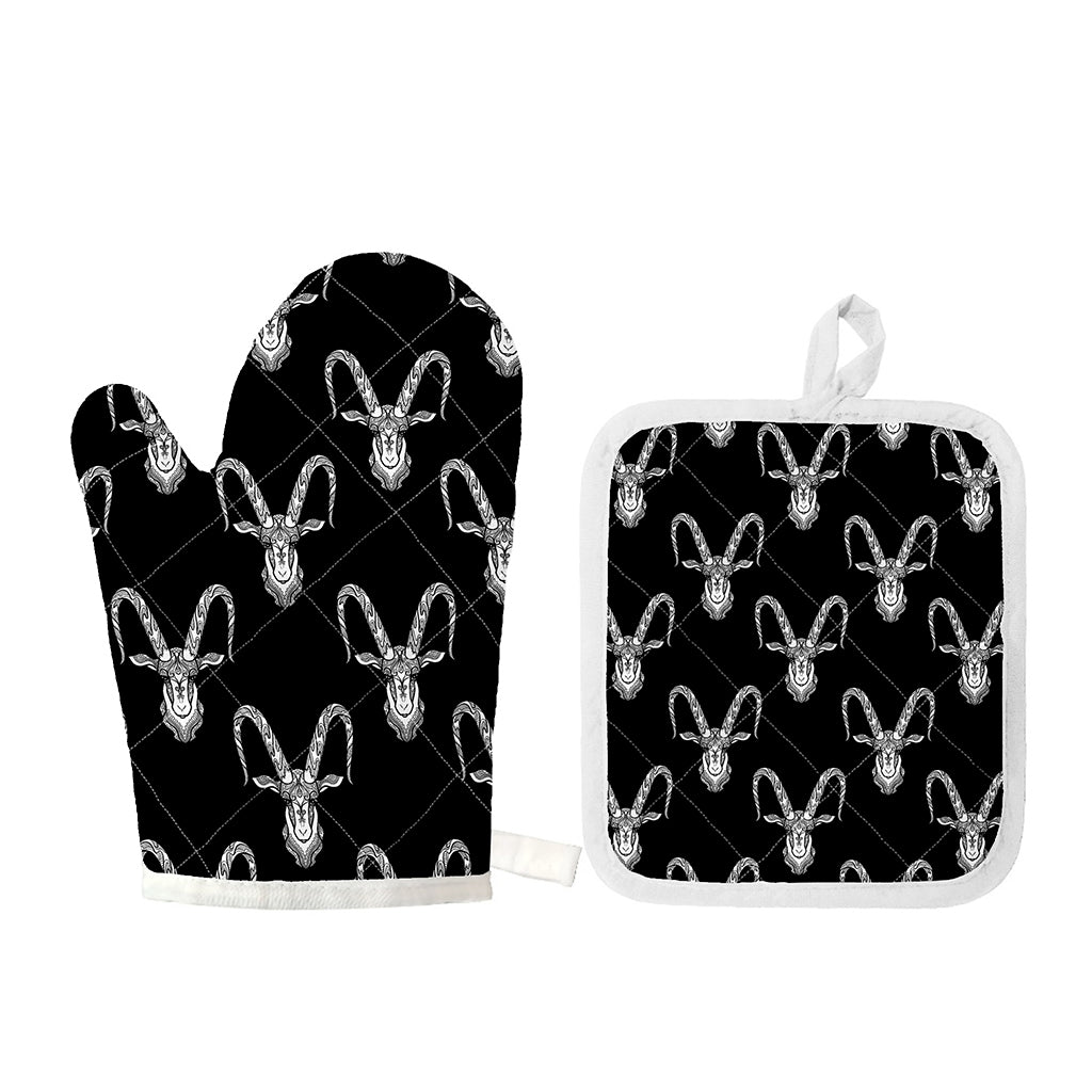 White And Black Capricorn Sign Print Oven Mitt And Pot Holder Set