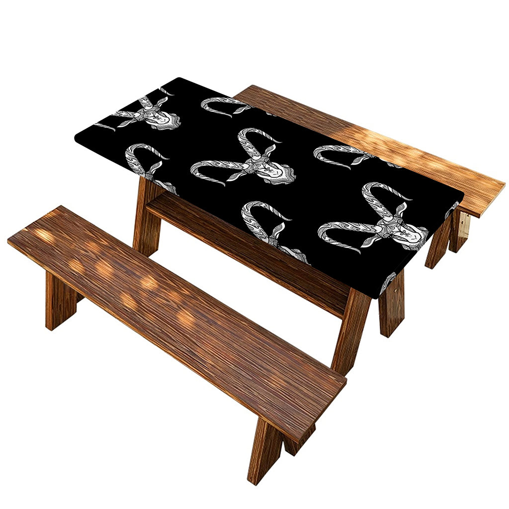 White And Black Capricorn Sign Print Picnic Table Cover