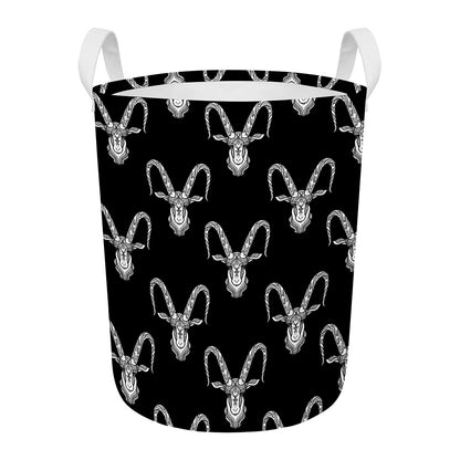 White And Black Capricorn Sign Print Round Laundry Basket