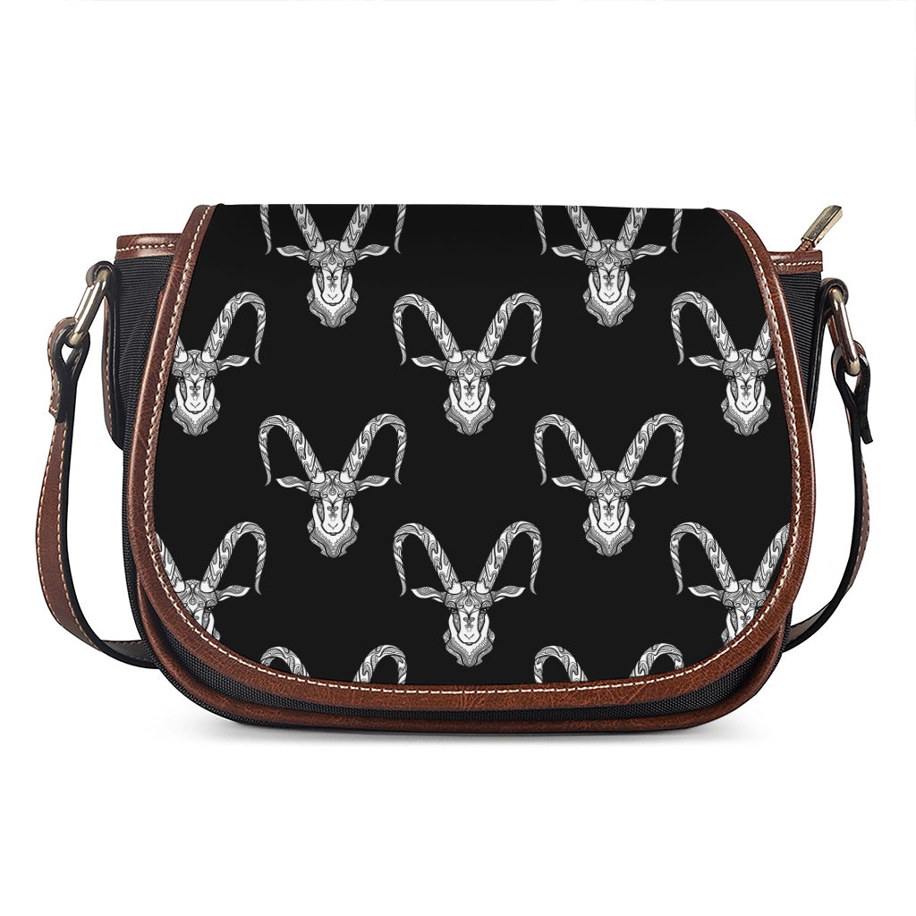 White And Black Capricorn Sign Print Saddle Bag