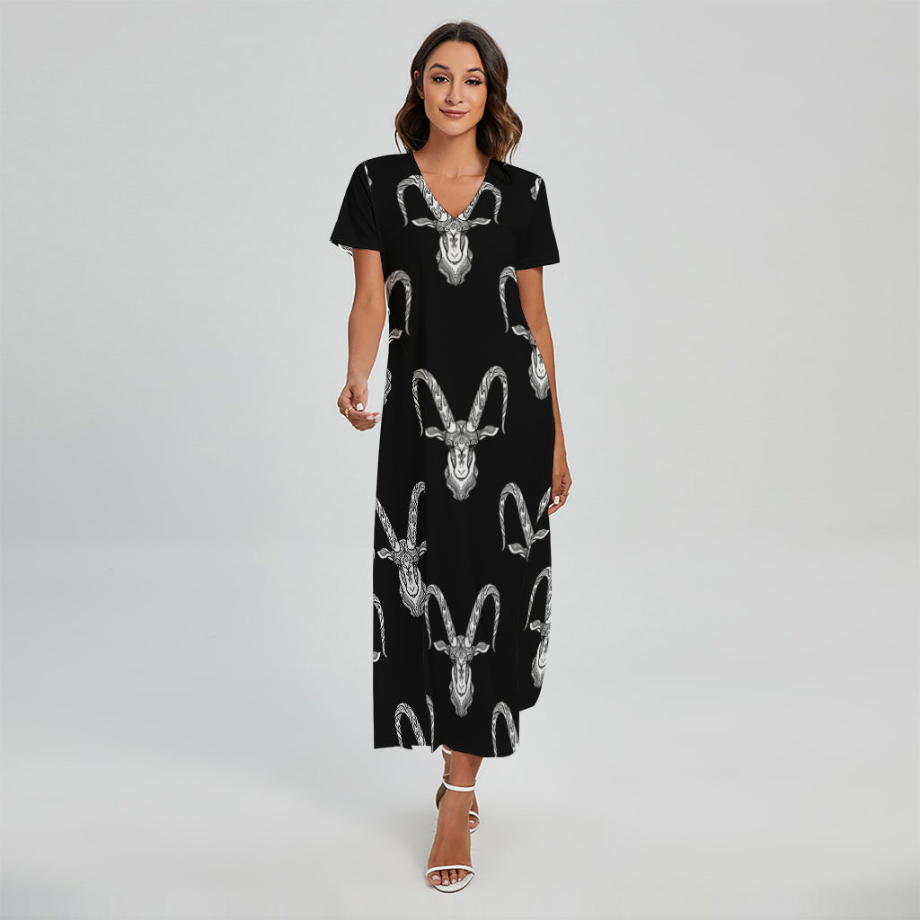 White And Black Capricorn Sign Print Short Sleeve Maxi Dress